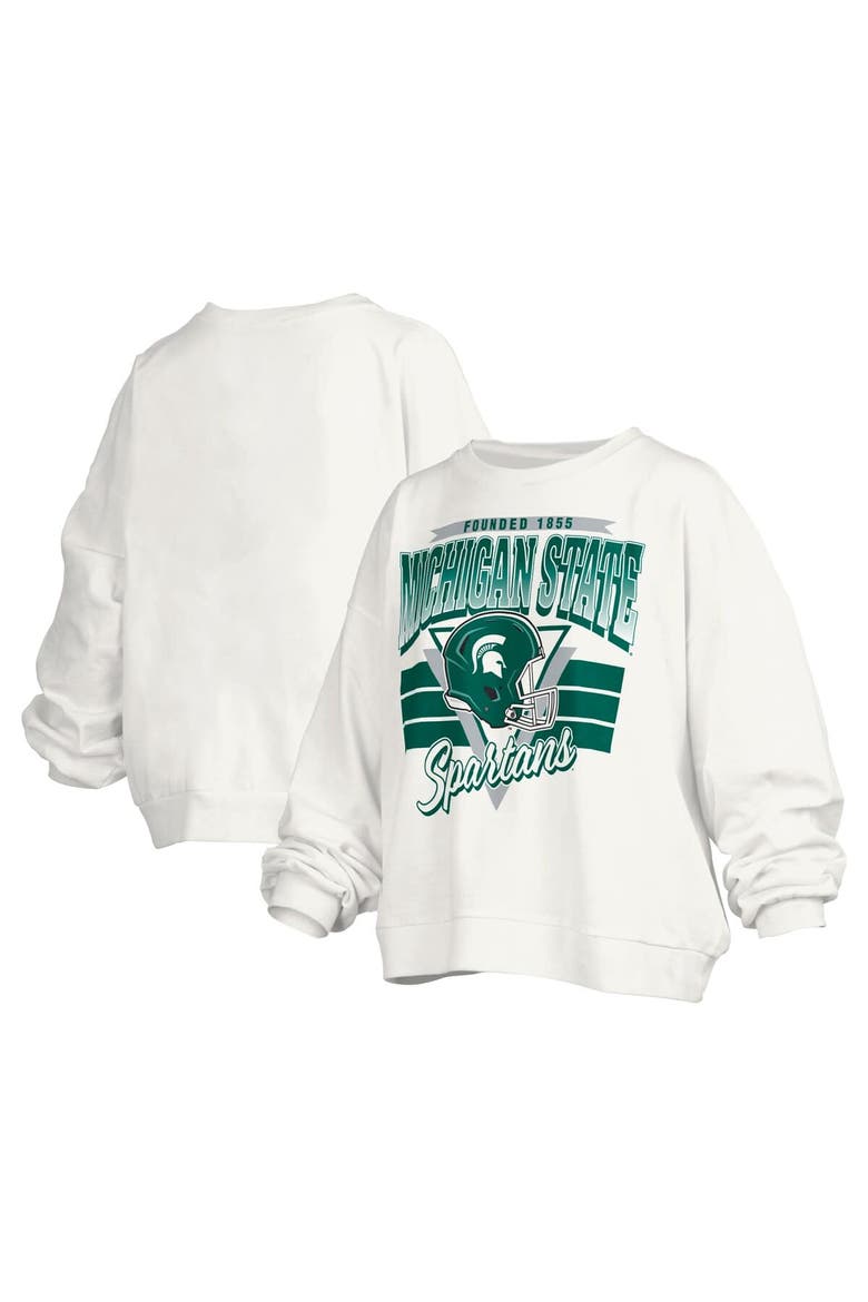 Women's Pressbox White Michigan State Spartans Janice Retro Logo Oversized Pullover Sweatshirt, Main, color, White