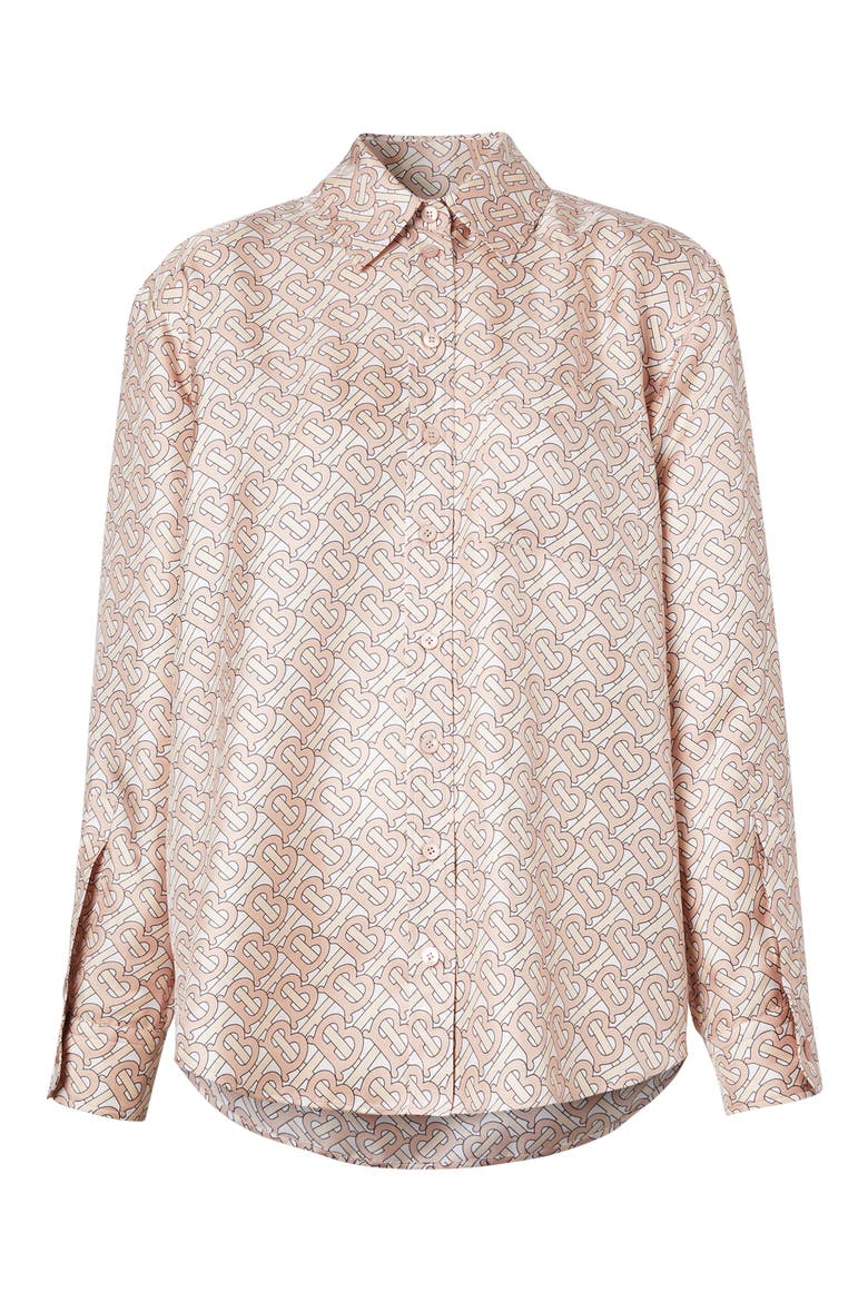 Juliette TB Monogram Print Silk Shirt, Alternate, color, PALE COPPER PINK