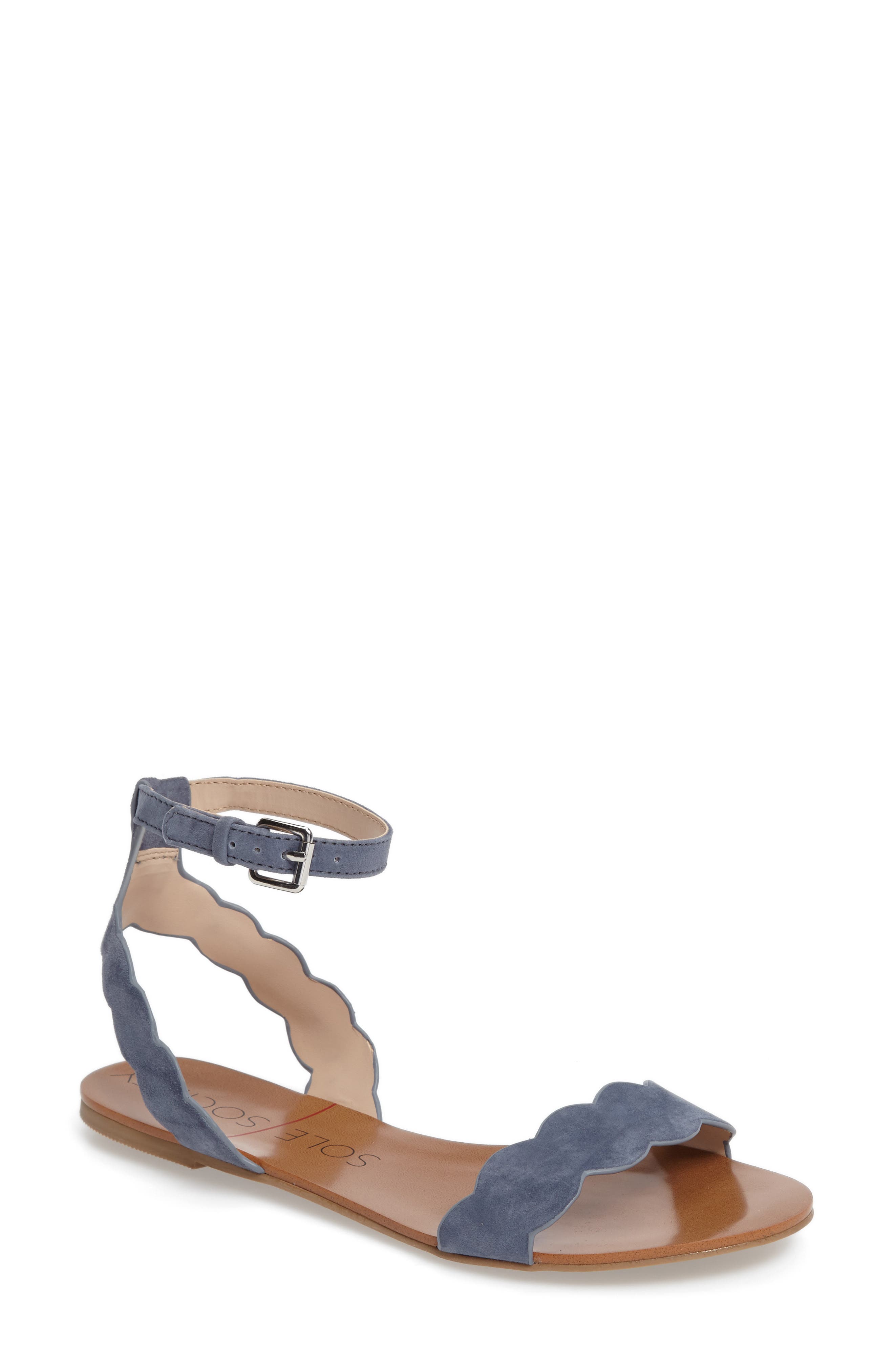 'Odette' Scalloped Ankle Strap Flat Sandal, Main, color, VISTA BLUE SUEDE