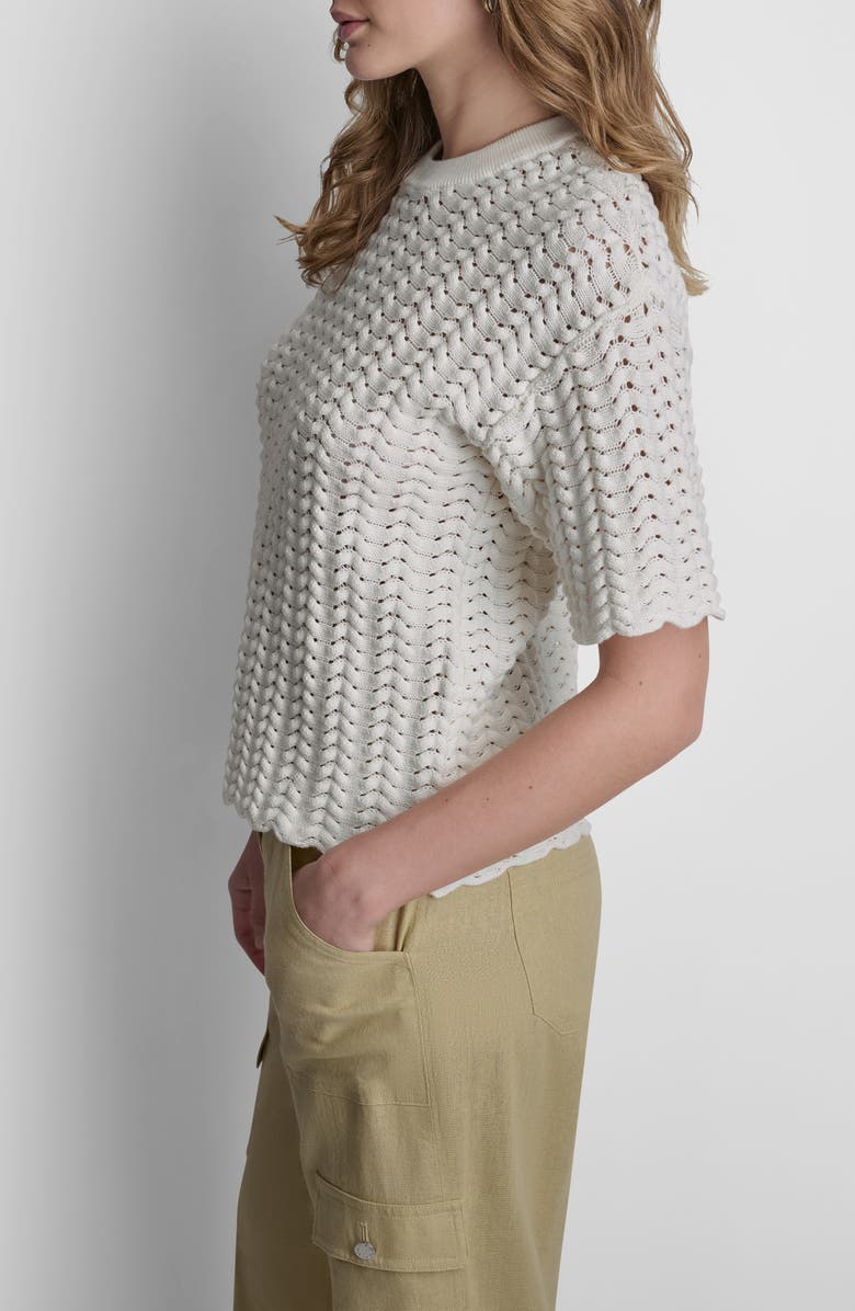 DKNY Open Lattice Stitch Short Sleeve Sweater, Alternate, color, Coconut