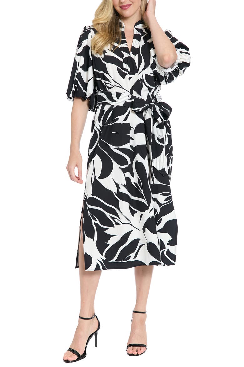 Tie Waist Split Neck Midi Dress, Main, color, WHITE/ BLACK