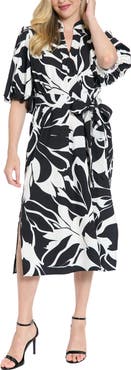 London Times Tie Waist Split Neck Midi Dress