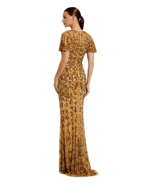 Mac Duggal Embellished High Neck Flutter Sleeve Gown In Gold