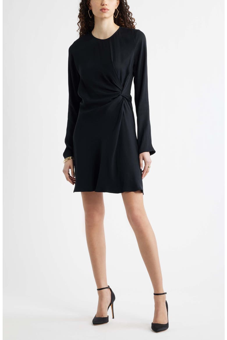 Side Twist Long Sleeve Minidress, Main, color, BLACK