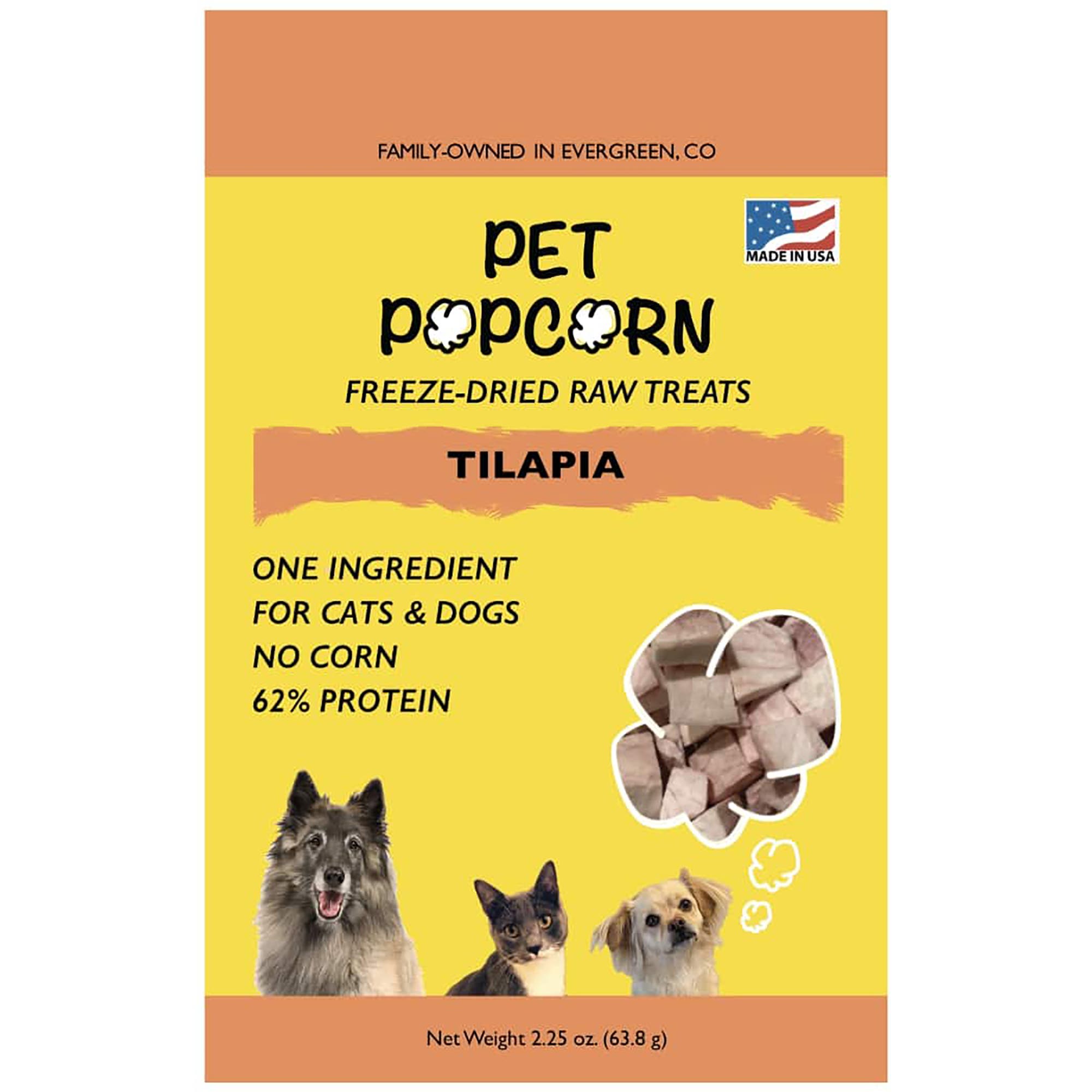 Pet Popcorn Freeze Dried Raw Treats, Tilapia, 2.5oz Bag, Dog & Cat Snacks in Multicolored 