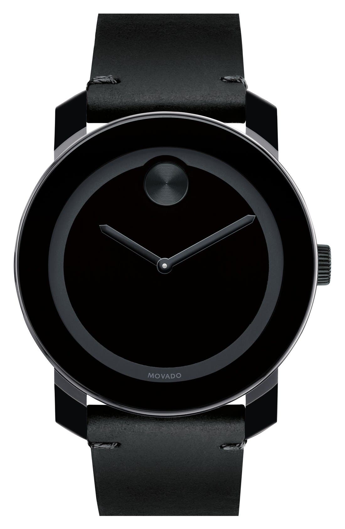Movado 'Bold' Leather Strap Watch, 42mm