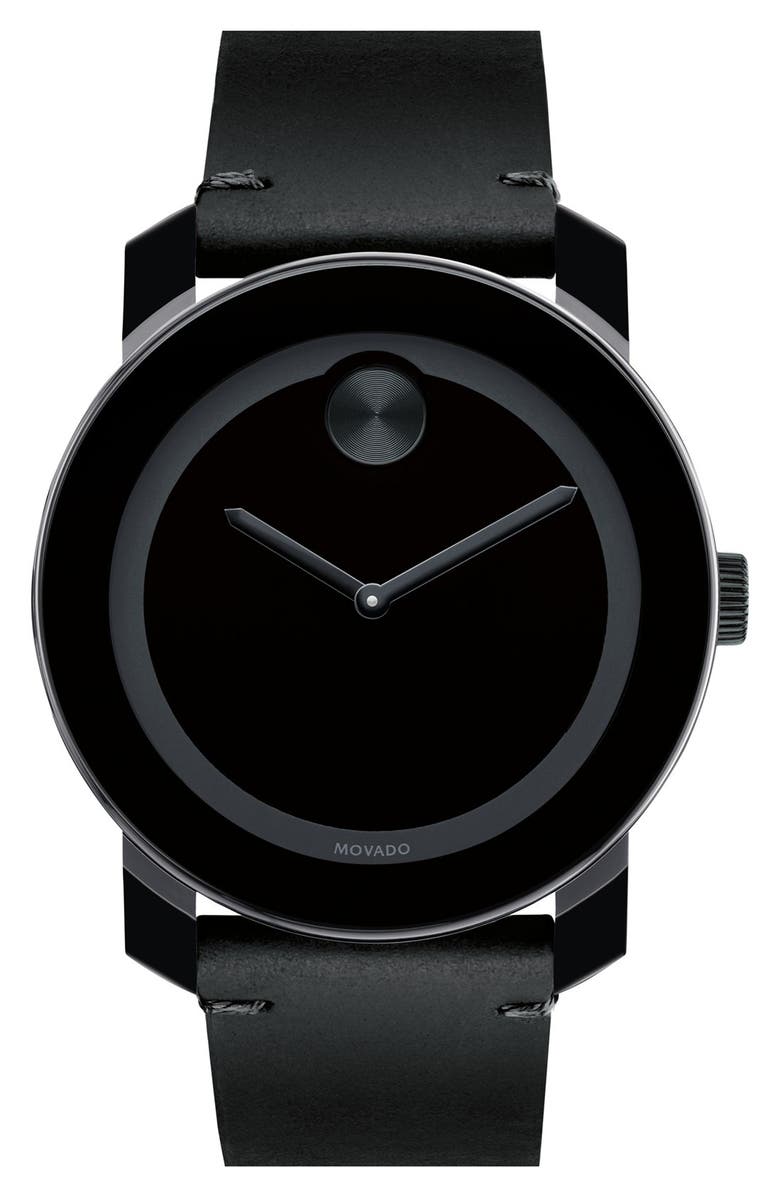 Movado 'Bold' Leather Strap Watch, 42mm, Main, color,