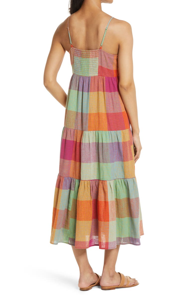 beachlunchlounge Lana Madras Plaid Tiered Midi Sundress, Alternate, color, 