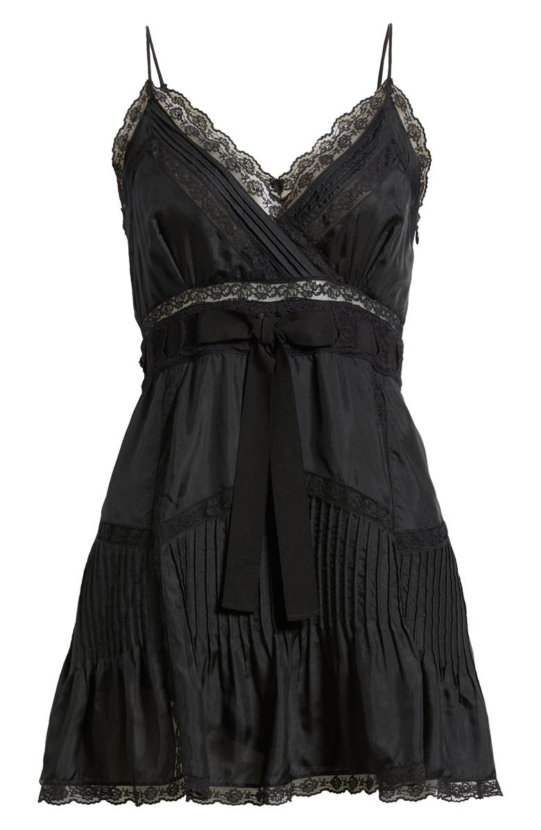 LoveShackFancy Sibelle Pleated Bodice Lace Inset Silk Minidress, Alternate, color, Black