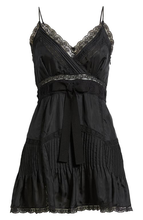 Loveshackfancy Sibelle Pleated Bodice Lace Inset Silk Minidress In Black