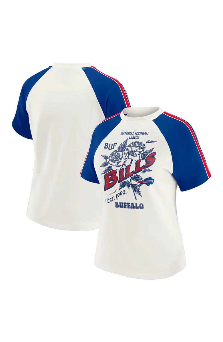 WEAR by Erin Andrews Women's WEAR by Erin Andrews White Buffalo Bills Sleeve Stripe Distressed Raglan T-Shirt, Main, color, White