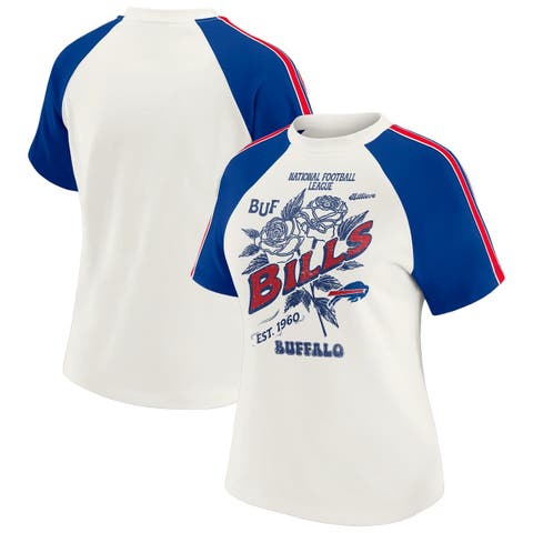 Women's WEAR by Erin Andrews White Buffalo Bills Sleeve Stripe Distressed Raglan T-Shirt