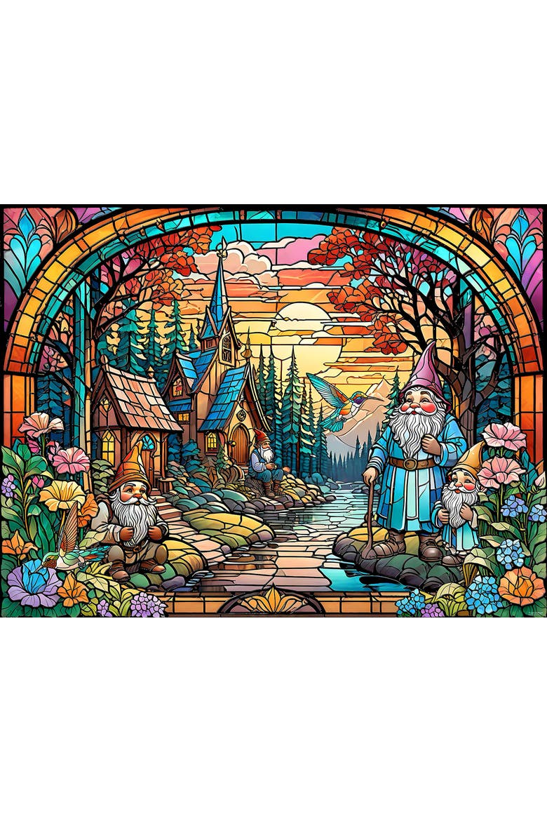 Stained Glass Gnome Village 500 piece Jigsaw Puzzle for Adults, Alternate, color, Multicolor