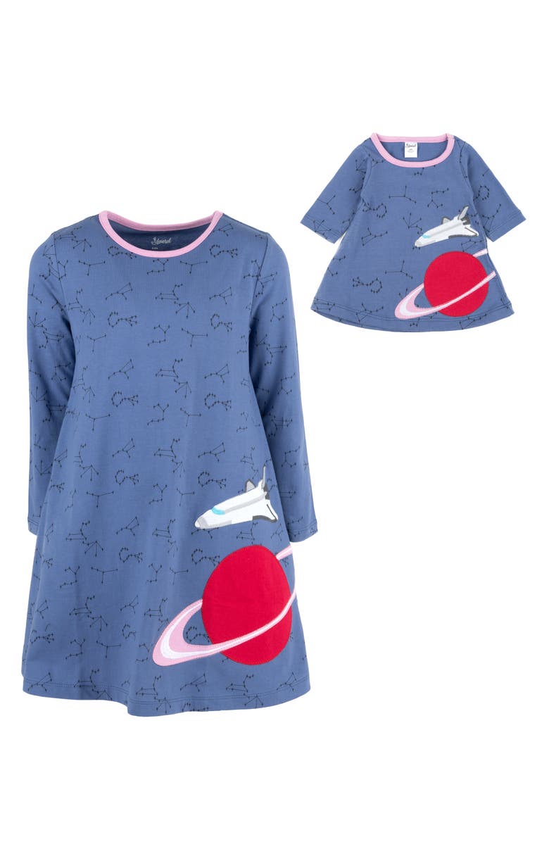Leveret Girls Cotton Dress with Matching Doll Dress, Printed Design, Alternate, color, Planet