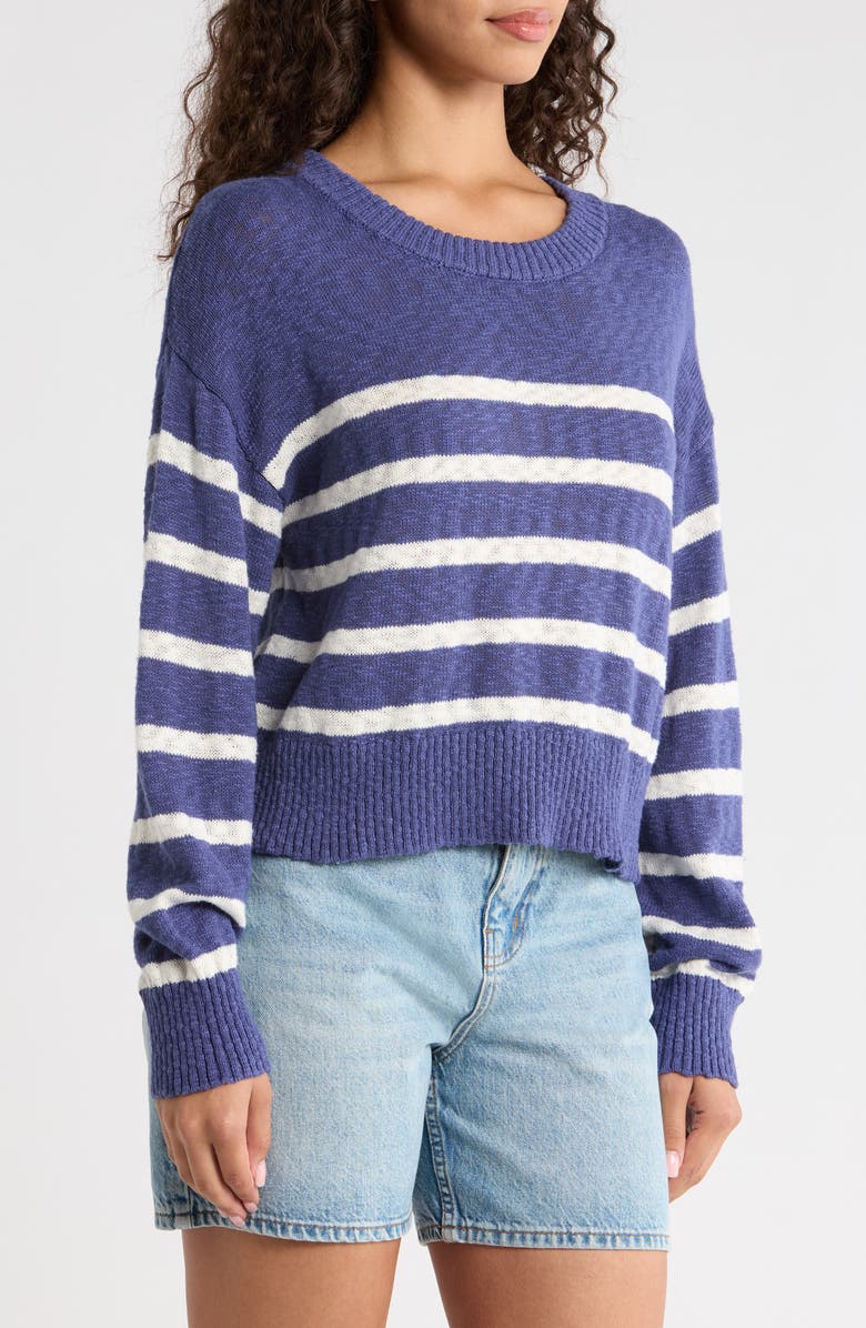 Marine Layer Sea Breeze Placed Stripe Cotton Crewneck Sweater, Alternate, color, Navy/ White Stripe