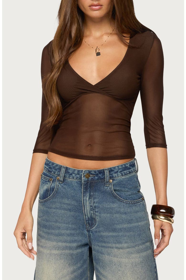 Saely Sheer Mesh Three-Quarter Sleeve Top, Main, color, BROWN