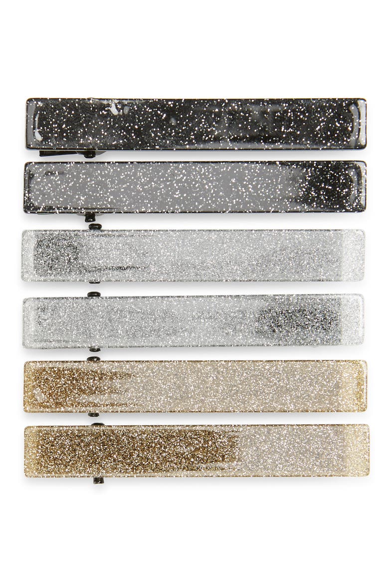 Set of 6 Hair Clips, Main, color, SILVER/ GOLD BLACK GLITTER