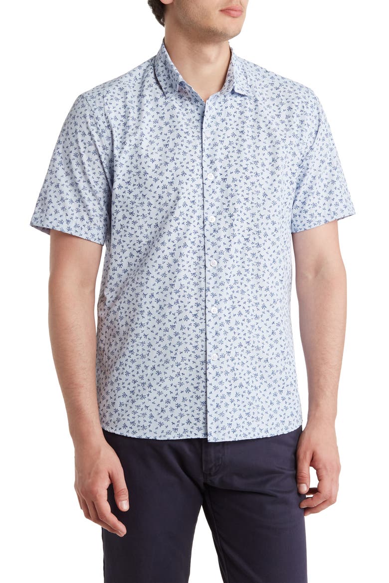 Brysen Ditsy Floral Short Sleeve Button-Up Shirt, Main, color, BLUE