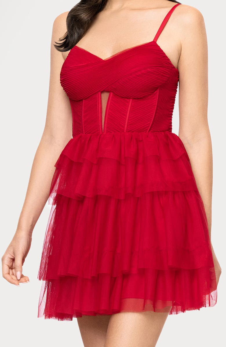 Blondie Nites Corset Mesh Ruffle Minidress, Alternate, color, Red