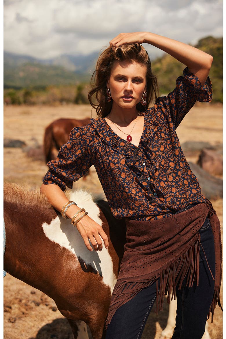 Chloe Cotton Ruffle Shirt, Alternate, color, Navy Batik