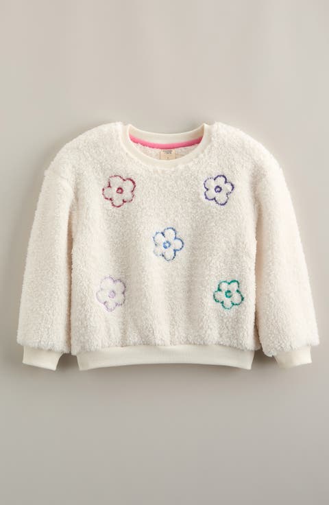 Floral Embroidered Faux Fur Sweatshirt