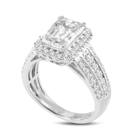 Nare 14K White Gold Emerald Cut Lab Grown Diamond Halo Engagement Ring - 4 Ct