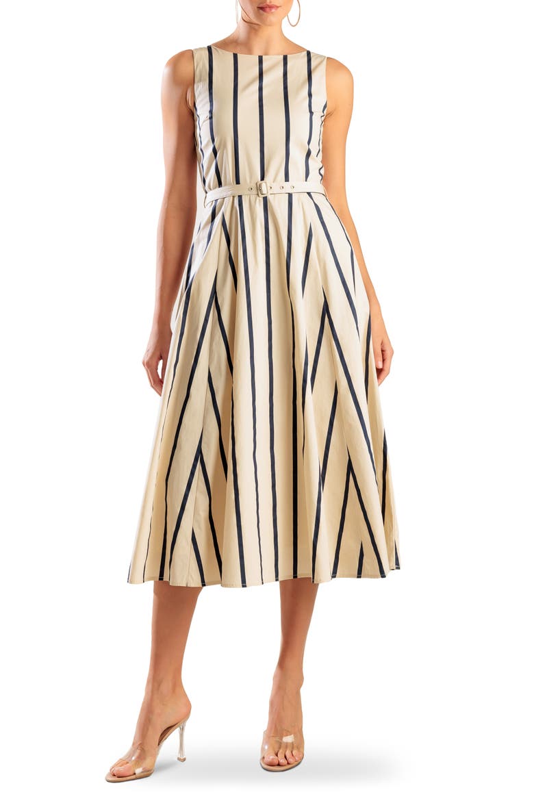 Stripe Sleeveless Belted Cotton Midi Dress, Main, color, ECRU/ NAVY