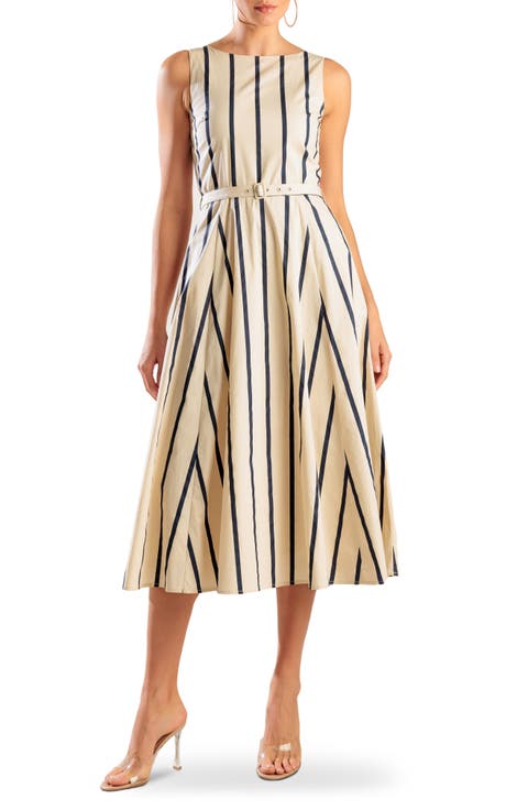 Stripe Sleeveless Belted Cotton Midi Dress