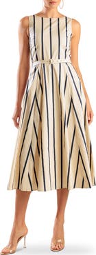 FREEMARKET Stripe Sleeveless Belted Cotton Midi Dress