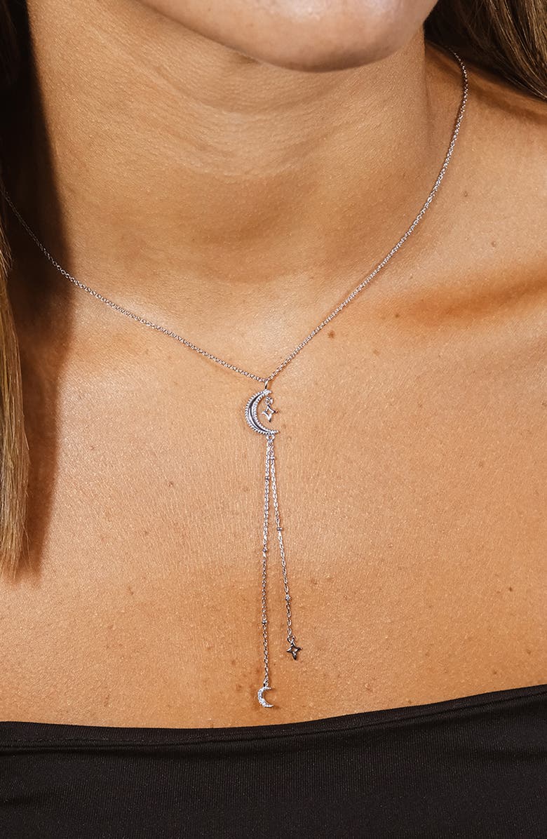 Sterling Forever Sterling Silver Pavé Cubic Zirconia Moon & Star Y-Necklace, Alternate, color,