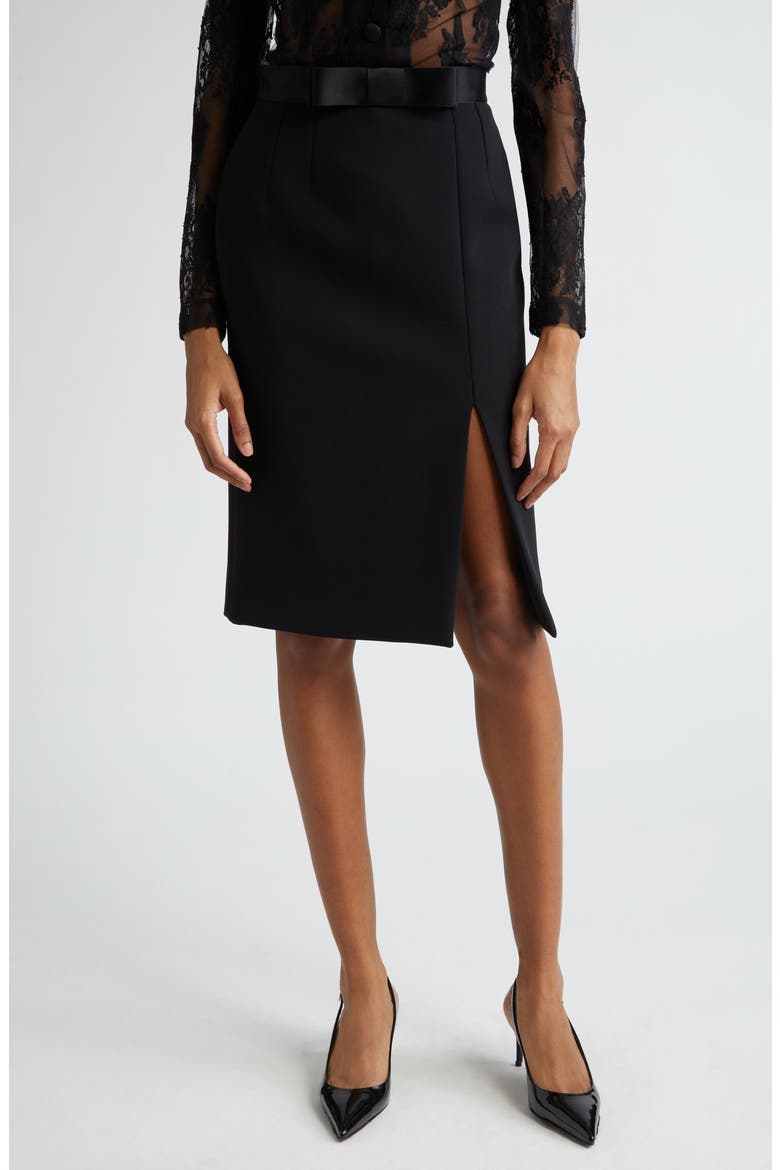 Bow Waist Wool Blend Pencil Skirt, Main, color, NERO