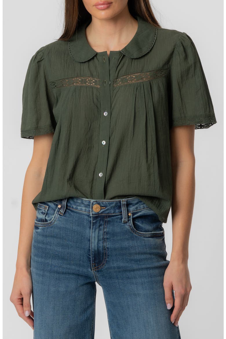 Vienna Lace Trim Cotton Button-Front Top, Main, color, OLIVE