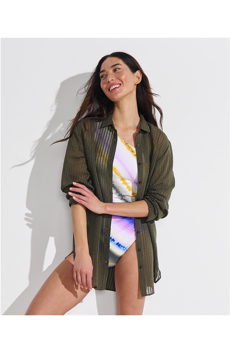 Lands' End Cotton Gauze Button Down Swim Cover-up Shirt Dress, Alternate, color, Rich Olive Green