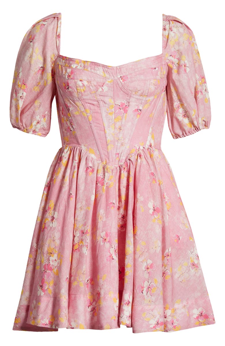 Bardot Kiah Floral Print Corset Puff Sleeve Minidress, Alternate, color,
