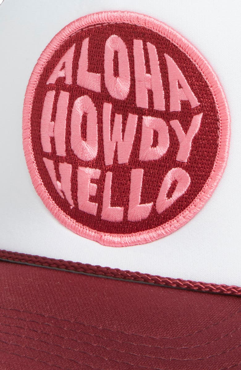 Friday Feelin’ Aloha Howdy Hello Patch Trucker Hat, Alternate, color, Maroon Split