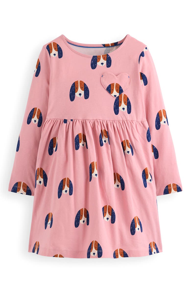 Mini Boden Kids' Ariel Twirly Long Sleeve Cotton Jersey Dress, Main, color, Vintage Pink Spaced Pups