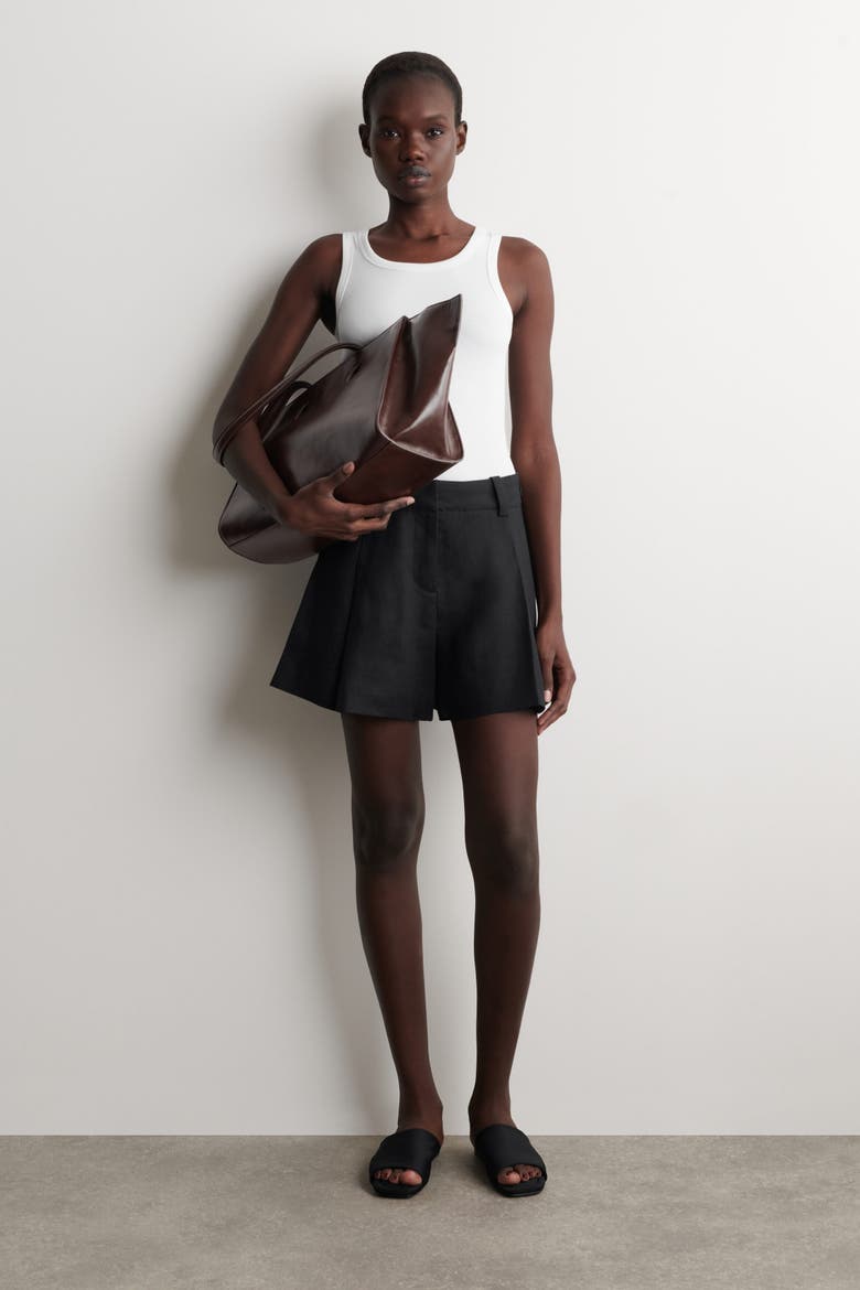 Pleated Belted Linen Shorts, Main, color, BLACK