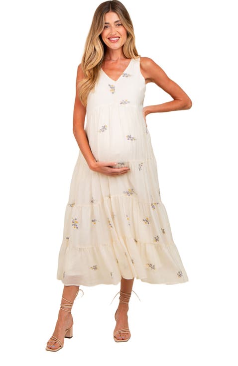 Ditsy Floral Embroidered V Neck Tiered Dress