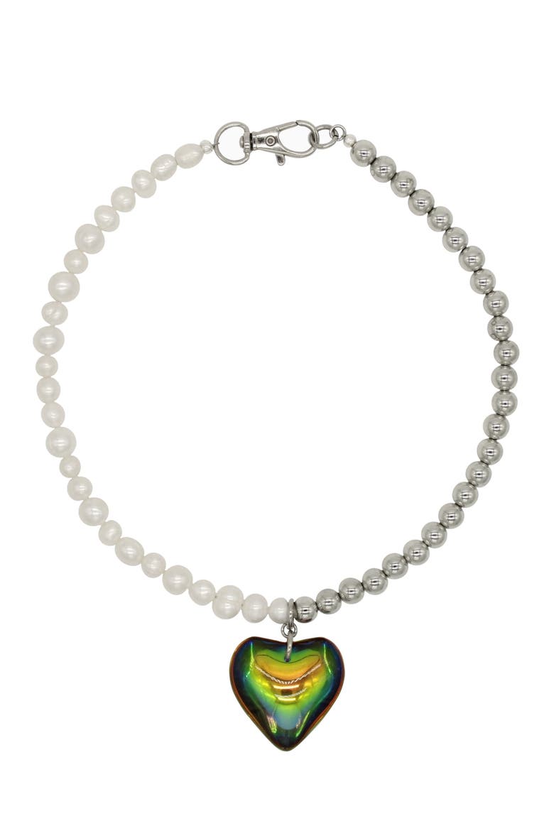 Freshwater Pearl And Steel Bead Necklace With Heart Charm, Main, color, White