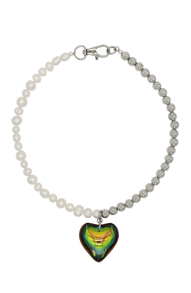 Velvet Luna Freshwater Pearl And Steel Bead Necklace With Heart Charm, Main, color, White