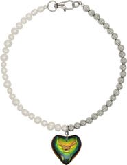 Velvet Luna Freshwater Pearl And Steel Bead Necklace With Heart Charm