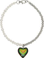 Velvet Luna Freshwater Pearl And Steel Bead Necklace With Heart Charm