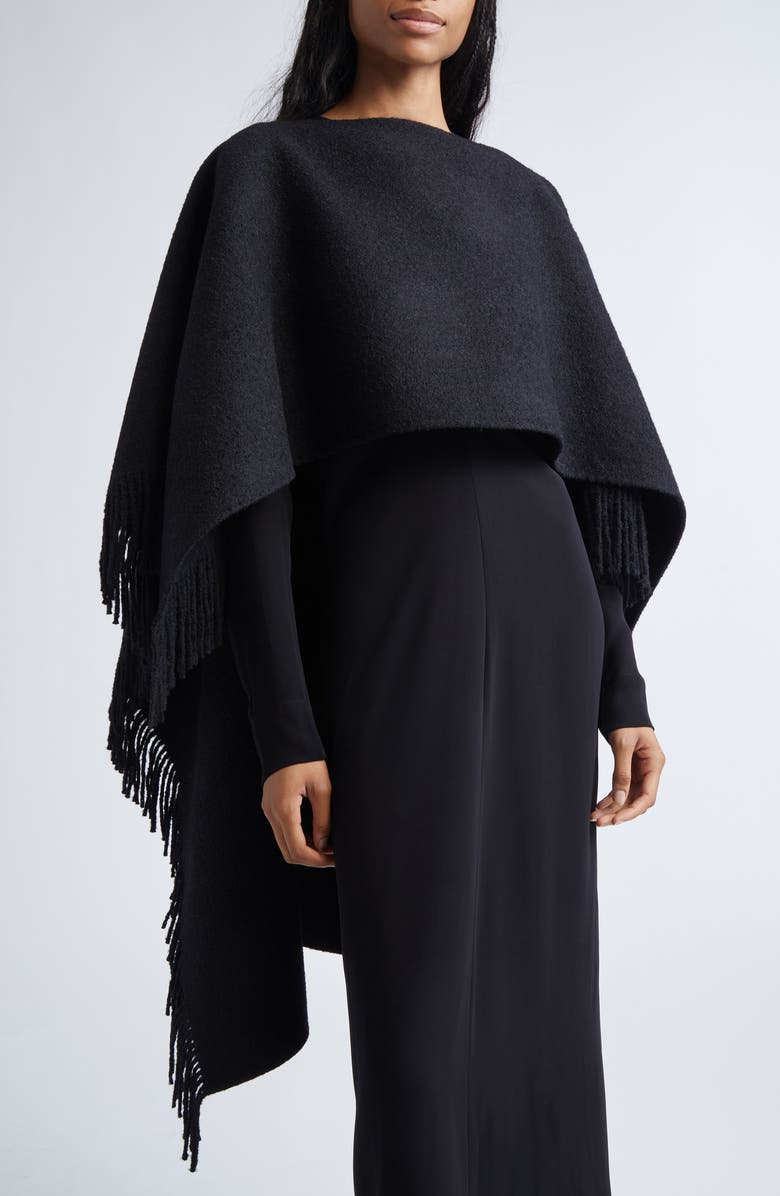 TOTEME Fringe High-Low Wool Blend Poncho, Alternate, color, Black