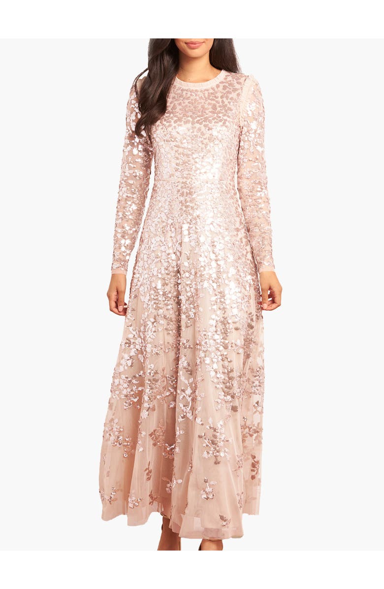 Needle & Thread Rosanna Lattice Round Neck Gown, Main, color, Oyster/Metallic