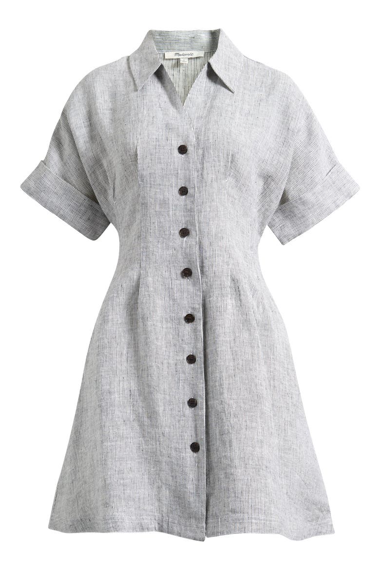 Pleated Linen Mini Shirtdress, Alternate, color, BLACK WHITE MINI STRIPE