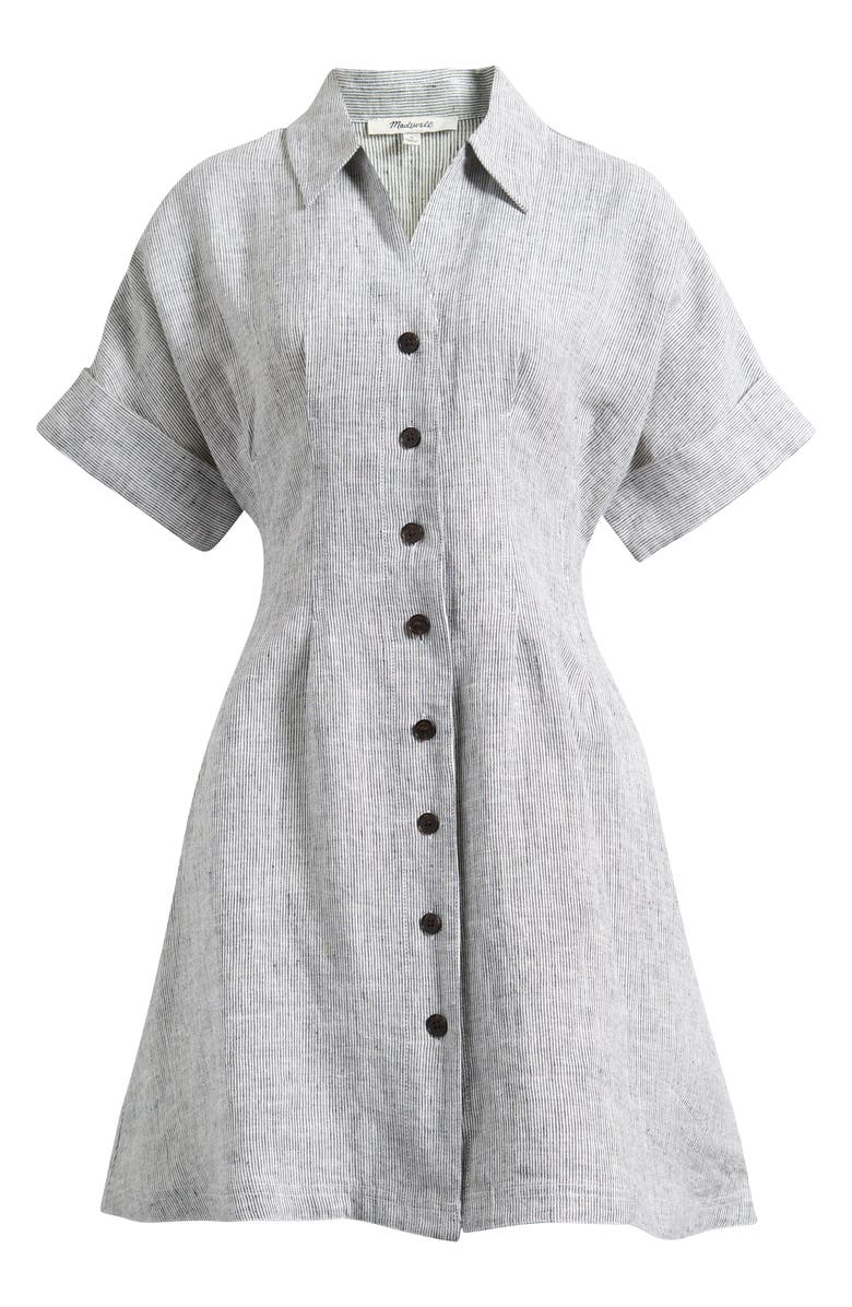 Madewell Pleated Linen Mini Shirtdress, Main, color, Black White Mini Stripe