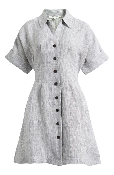 Pleated Linen Mini Shirtdress