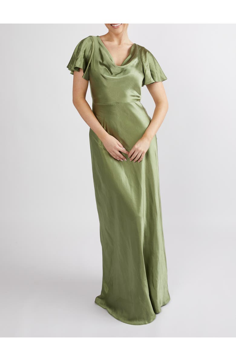 Six Stories Flutter Sleeve Satin Bridesmaid Dress, Alternate, color, Moss Green