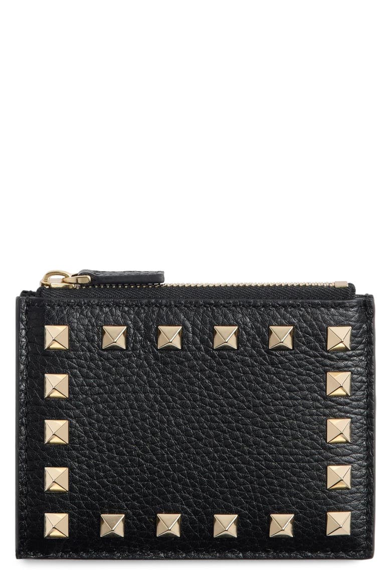 Rockstud Leather Coin Card Case, Main, color, BLACK