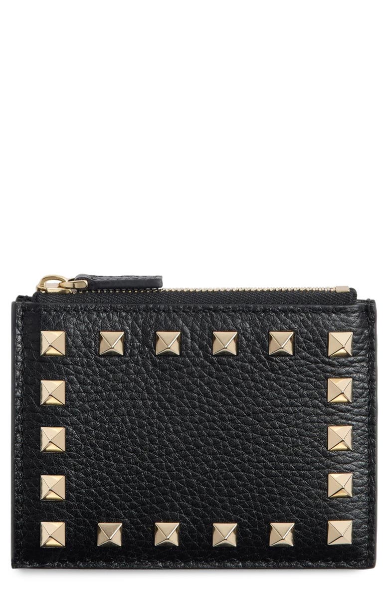 Valentino Garavani Rockstud Leather Coin Card Case, Main, color, Black